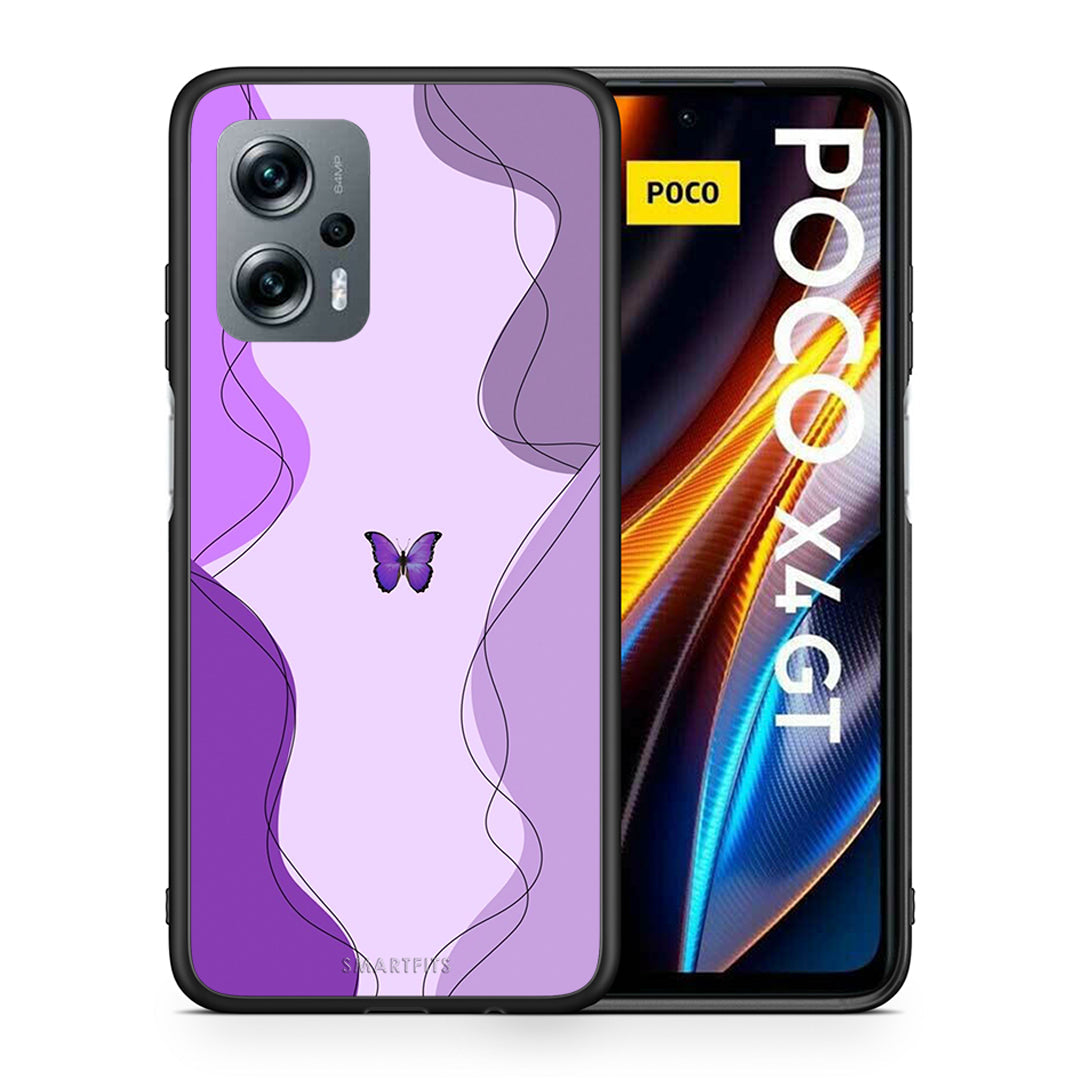 Θήκη Αγίου Βαλεντίνου Xiaomi Poco X4 GT Purple Mariposa από τη Smartfits με σχέδιο στο πίσω μέρος και μαύρο περίβλημα | Xiaomi Poco X4 GT Purple Mariposa case with colorful back and black bezels