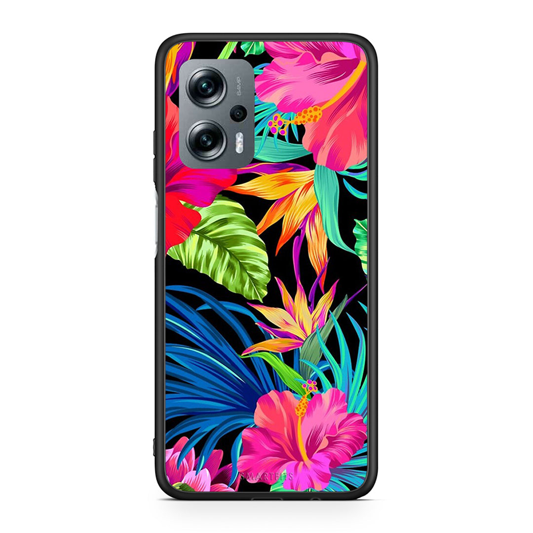 Xiaomi Poco X4 GT Tropical Flowers θήκη από τη Smartfits με σχέδιο στο πίσω μέρος και μαύρο περίβλημα | Smartphone case with colorful back and black bezels by Smartfits