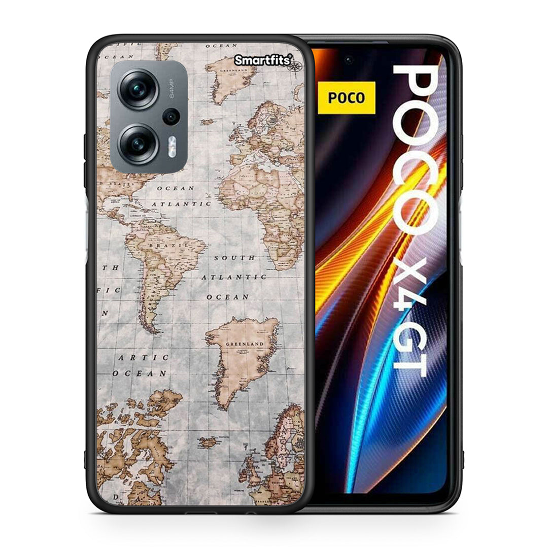 Θήκη Xiaomi Poco X4 GT World Map από τη Smartfits με σχέδιο στο πίσω μέρος και μαύρο περίβλημα | Xiaomi Poco X4 GT World Map case with colorful back and black bezels