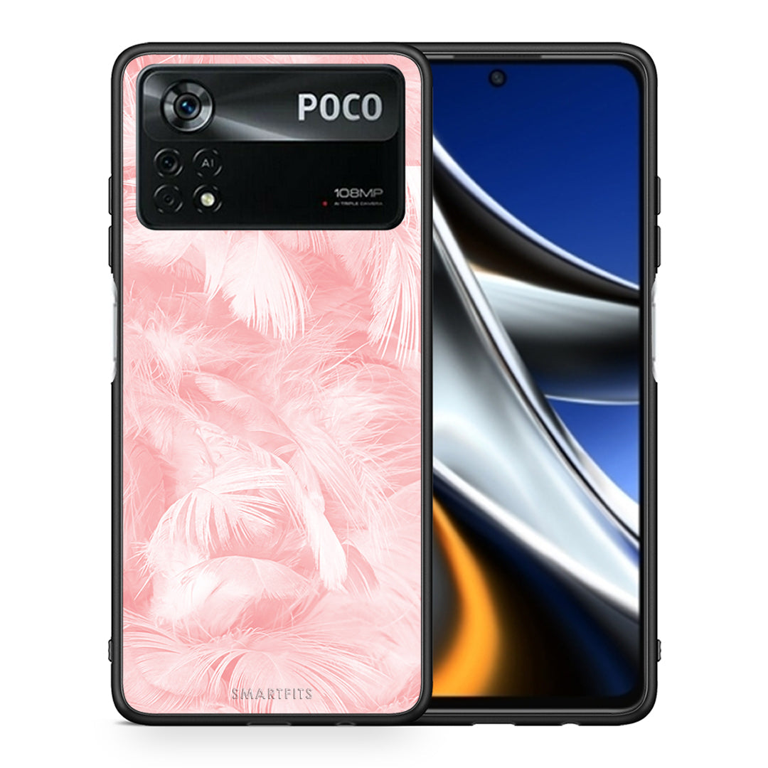 Θήκη Xiaomi Poco X4 Pro 5G Pink Feather Boho από τη Smartfits με σχέδιο στο πίσω μέρος και μαύρο περίβλημα | Xiaomi Poco X4 Pro 5G Pink Feather Boho case with colorful back and black bezels