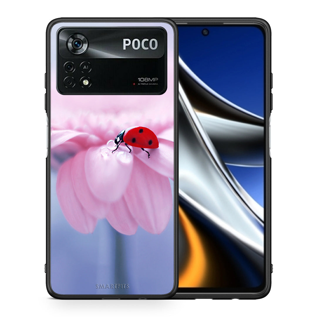 Θήκη Xiaomi Poco X4 Pro 5G Ladybug Flower από τη Smartfits με σχέδιο στο πίσω μέρος και μαύρο περίβλημα | Xiaomi Poco X4 Pro 5G Ladybug Flower case with colorful back and black bezels