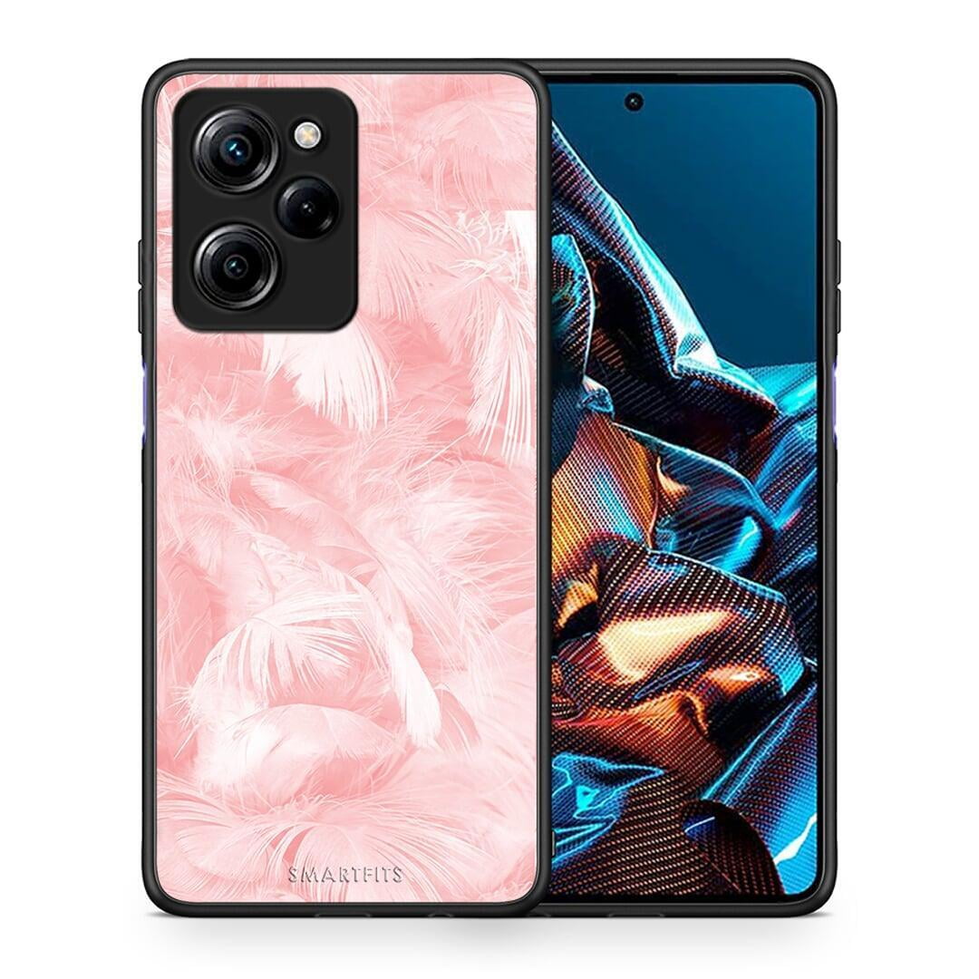 Θήκη Xiaomi Poco X5 Pro 5G Dual Boho Pink Feather από τη Smartfits με σχέδιο στο πίσω μέρος και μαύρο περίβλημα | Xiaomi Poco X5 Pro 5G Dual Boho Pink Feather Case with Colorful Back and Black Bezels