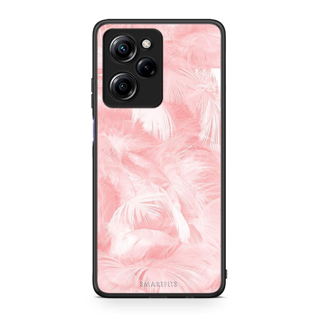 Θήκη Xiaomi Poco X5 Pro 5G Dual Boho Pink Feather από τη Smartfits με σχέδιο στο πίσω μέρος και μαύρο περίβλημα | Xiaomi Poco X5 Pro 5G Dual Boho Pink Feather Case with Colorful Back and Black Bezels