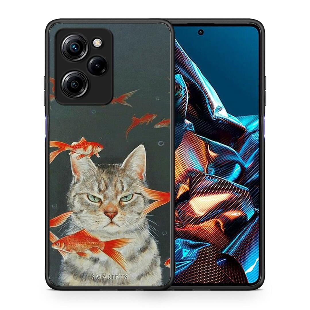 Θήκη Xiaomi Poco X5 Pro 5G Dual Cat Goldfish από τη Smartfits με σχέδιο στο πίσω μέρος και μαύρο περίβλημα | Xiaomi Poco X5 Pro 5G Dual Cat Goldfish Case with Colorful Back and Black Bezels