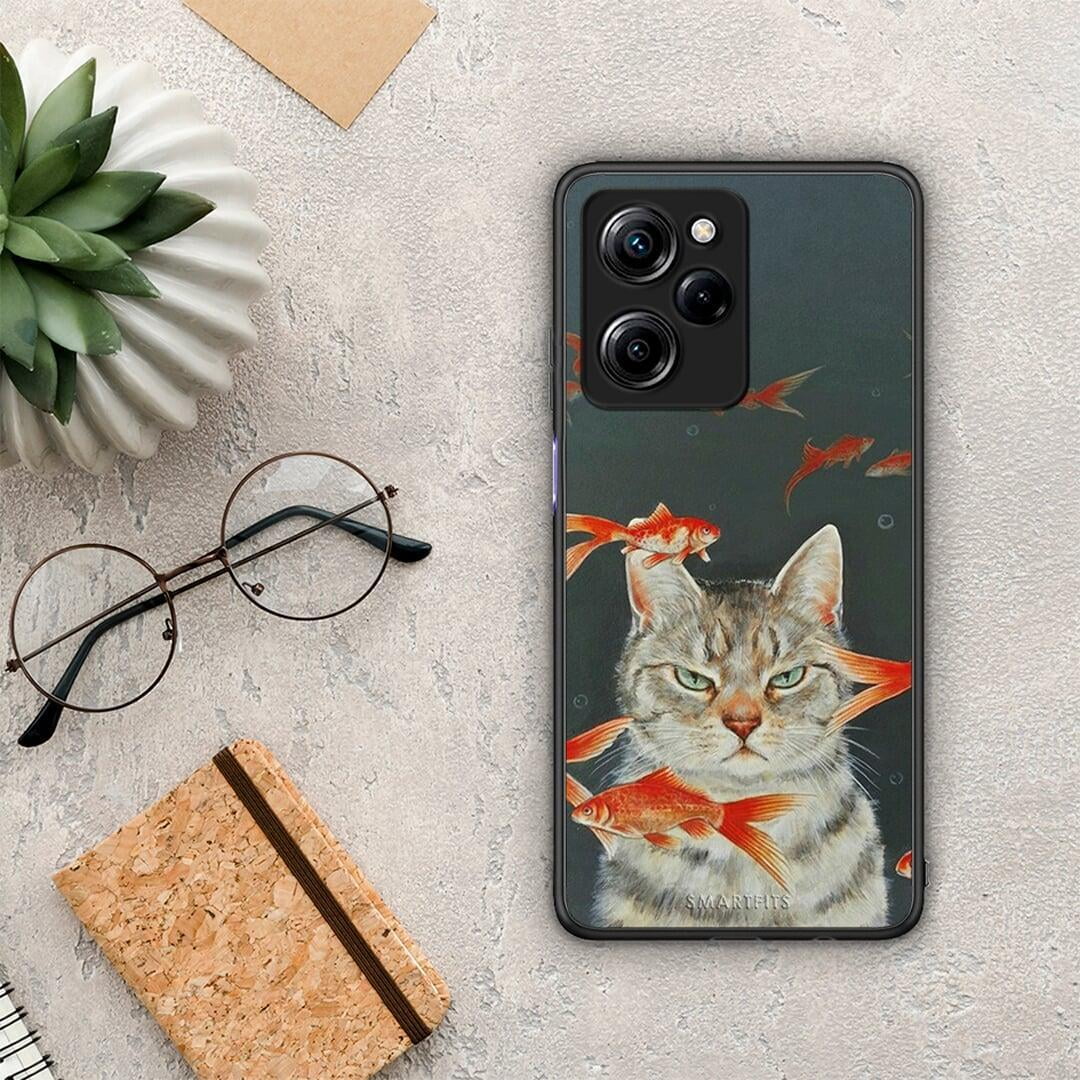 Θήκη Xiaomi Poco X5 Pro 5G Dual Cat Goldfish από τη Smartfits με σχέδιο στο πίσω μέρος και μαύρο περίβλημα | Xiaomi Poco X5 Pro 5G Dual Cat Goldfish Case with Colorful Back and Black Bezels