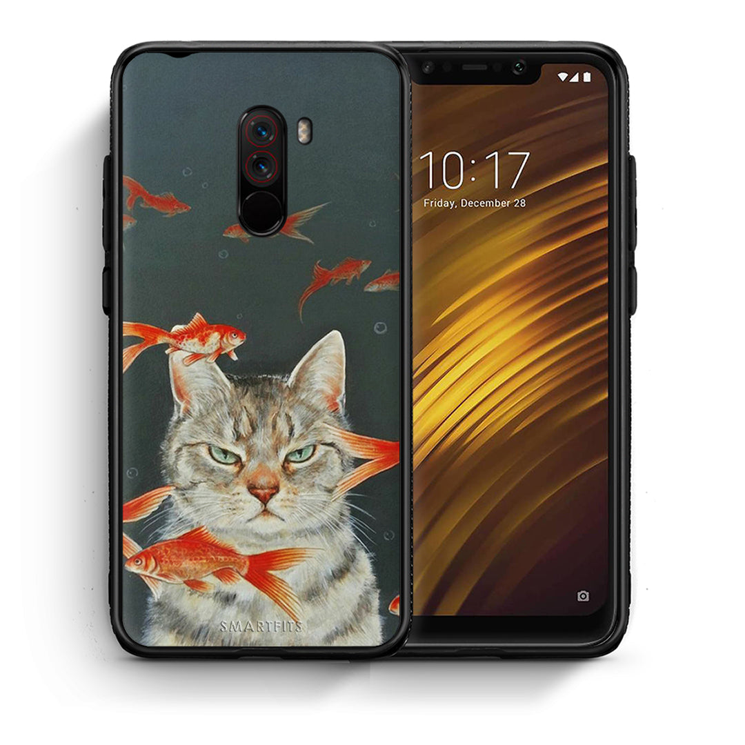 Θήκη Xiaomi Pocophone F1 Cat Goldfish από τη Smartfits με σχέδιο στο πίσω μέρος και μαύρο περίβλημα | Xiaomi Pocophone F1 Cat Goldfish case with colorful back and black bezels