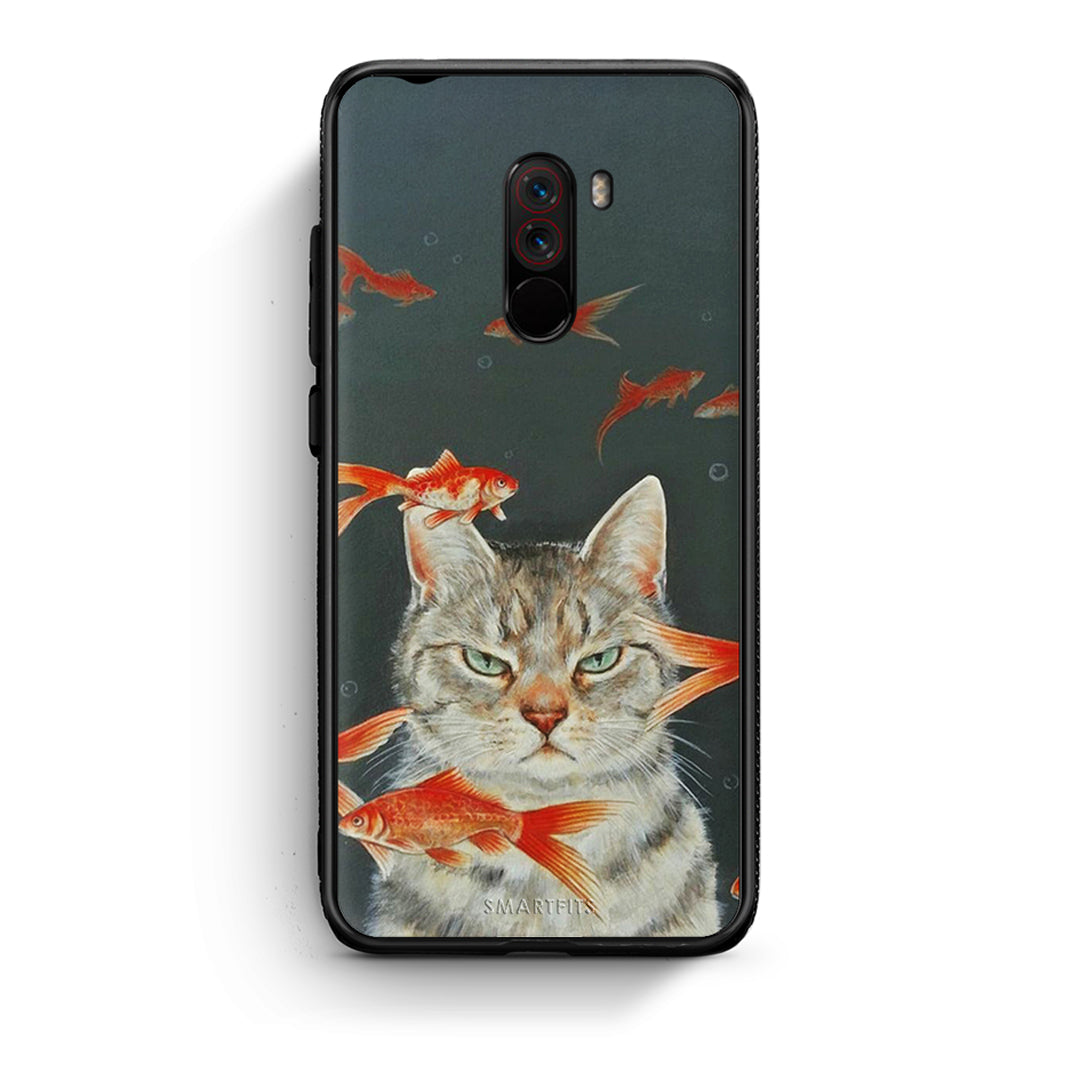 Xiaomi Pocophone F1 Cat Goldfish θήκη από τη Smartfits με σχέδιο στο πίσω μέρος και μαύρο περίβλημα | Smartphone case with colorful back and black bezels by Smartfits