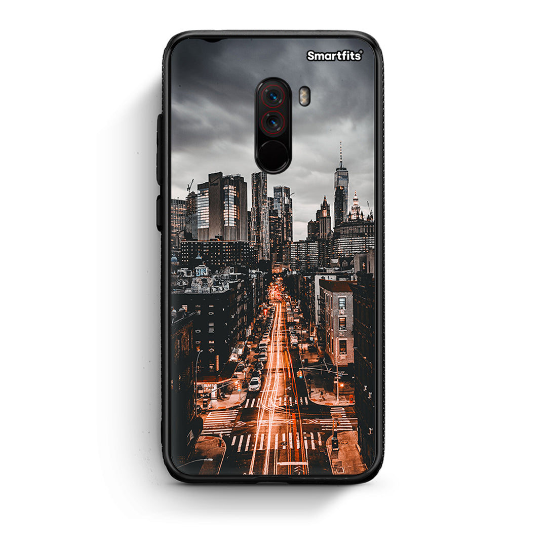 Xiaomi Pocophone F1 City Lights θήκη από τη Smartfits με σχέδιο στο πίσω μέρος και μαύρο περίβλημα | Smartphone case with colorful back and black bezels by Smartfits