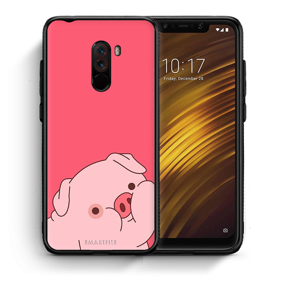 Θήκη Αγίου Βαλεντίνου Xiaomi Pocophone F1 Pig Love 1 από τη Smartfits με σχέδιο στο πίσω μέρος και μαύρο περίβλημα | Xiaomi Pocophone F1 Pig Love 1 case with colorful back and black bezels