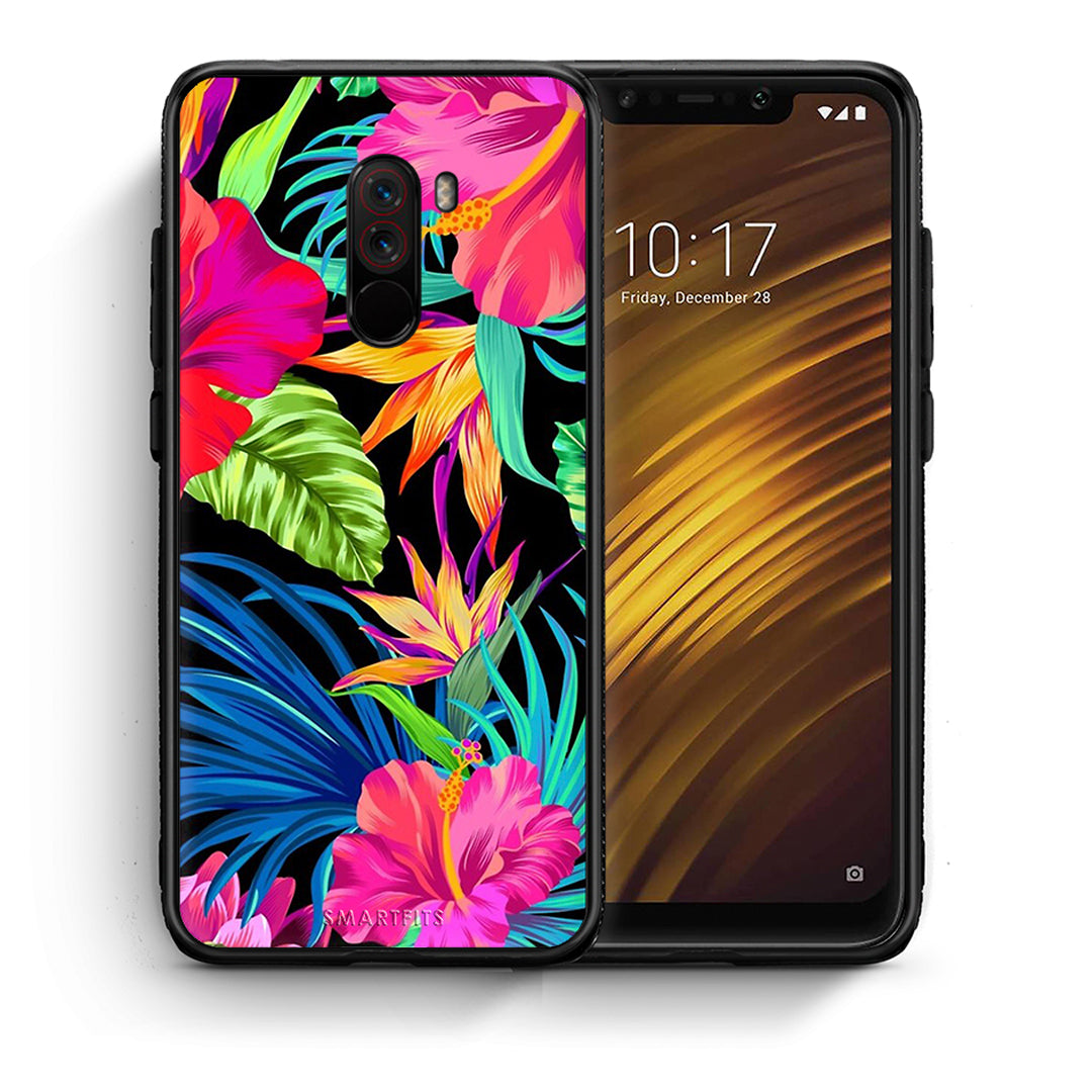 Θήκη Xiaomi Pocophone F1 Tropical Flowers από τη Smartfits με σχέδιο στο πίσω μέρος και μαύρο περίβλημα | Xiaomi Pocophone F1 Tropical Flowers case with colorful back and black bezels