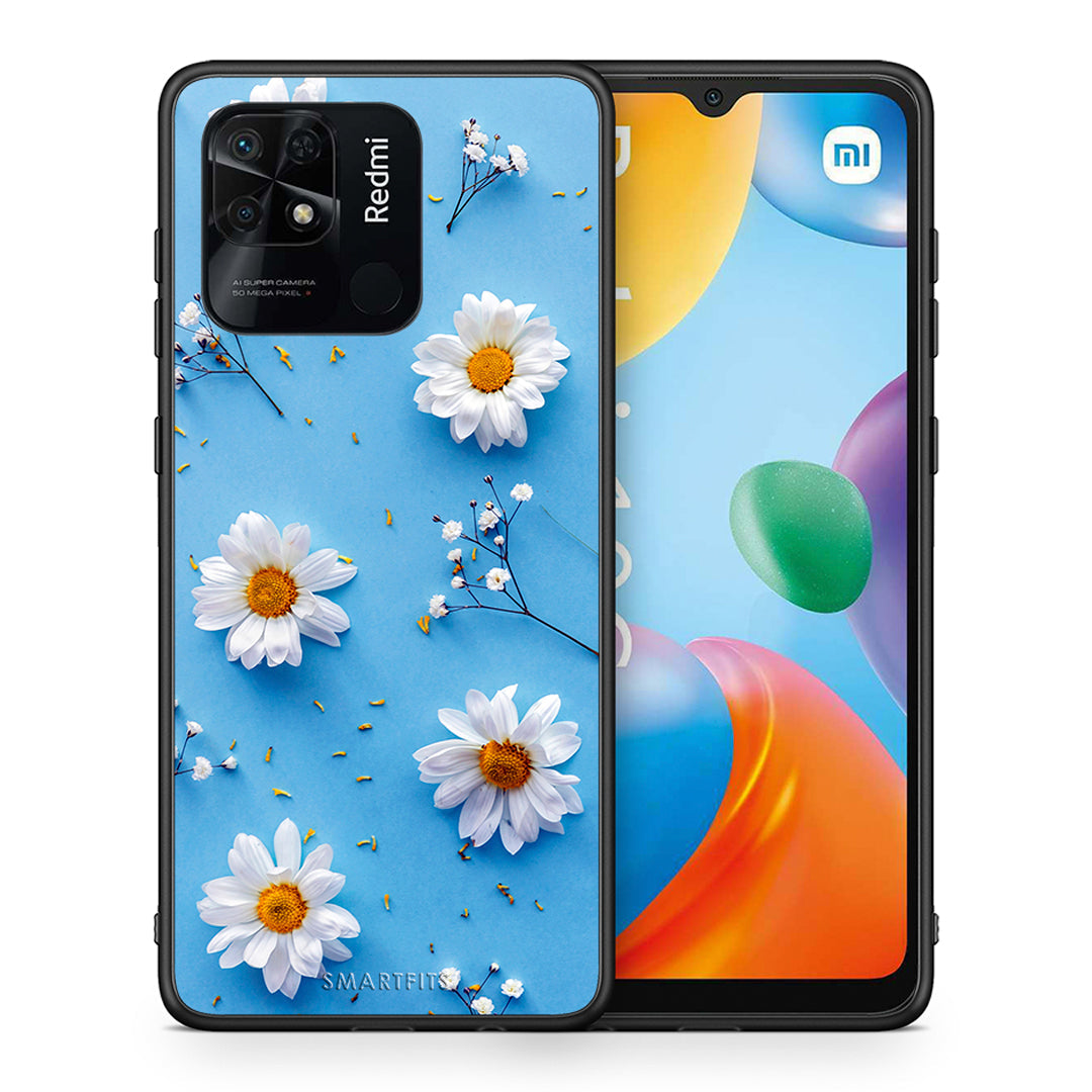 Θήκη Xiaomi Redmi 10C Real Daisies από τη Smartfits με σχέδιο στο πίσω μέρος και μαύρο περίβλημα | Xiaomi Redmi 10C Real Daisies case with colorful back and black bezels