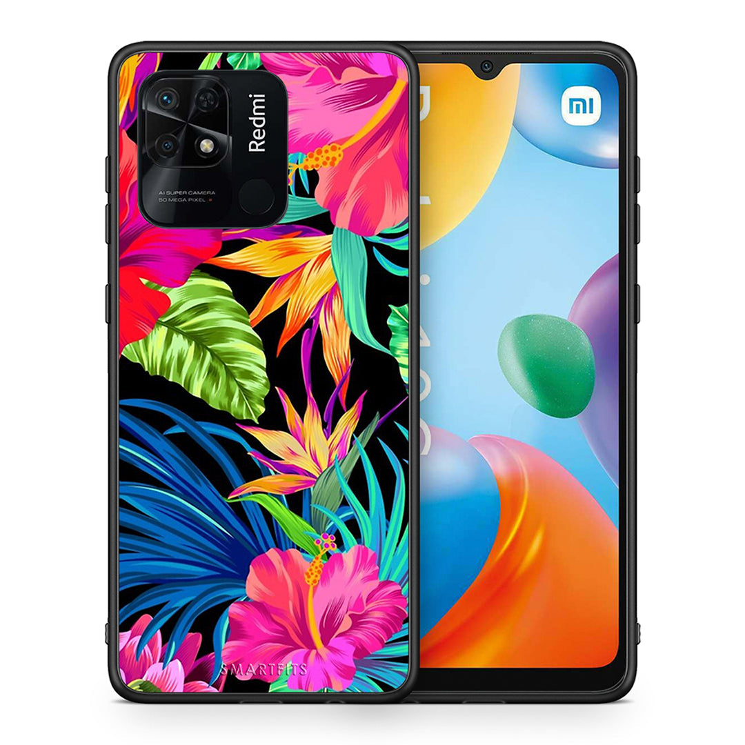 Θήκη Xiaomi Redmi 10C Tropical Flowers από τη Smartfits με σχέδιο στο πίσω μέρος και μαύρο περίβλημα | Xiaomi Redmi 10C Tropical Flowers case with colorful back and black bezels