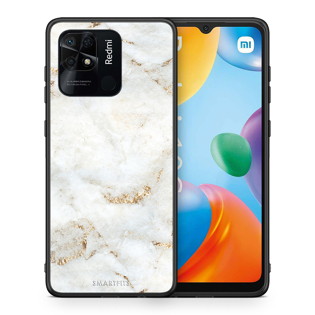 Θήκη Xiaomi Redmi 10C White Gold Marble από τη Smartfits με σχέδιο στο πίσω μέρος και μαύρο περίβλημα | Xiaomi Redmi 10C White Gold Marble case with colorful back and black bezels