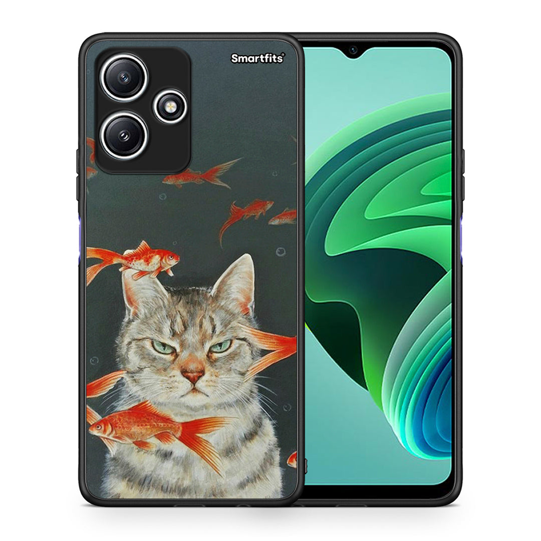 Θήκη Xiaomi Redmi 12 5G Cat Goldfish από τη Smartfits με σχέδιο στο πίσω μέρος και μαύρο περίβλημα | Xiaomi Redmi 12 5G Cat Goldfish case with colorful back and black bezels