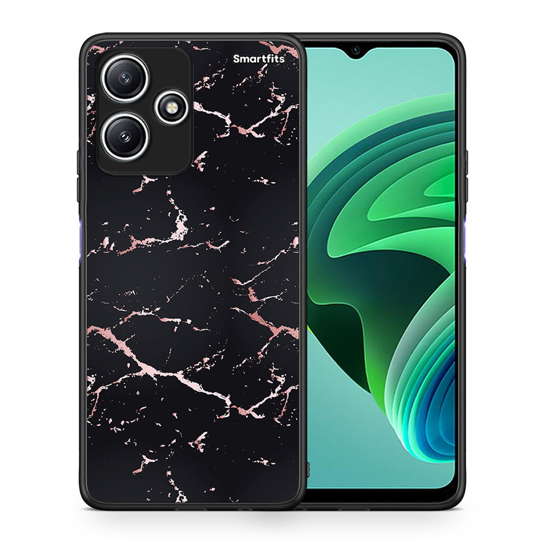 Θήκη Xiaomi Redmi 12 5G Black Rosegold Marble από τη Smartfits με σχέδιο στο πίσω μέρος και μαύρο περίβλημα | Xiaomi Redmi 12 5G Black Rosegold Marble case with colorful back and black bezels