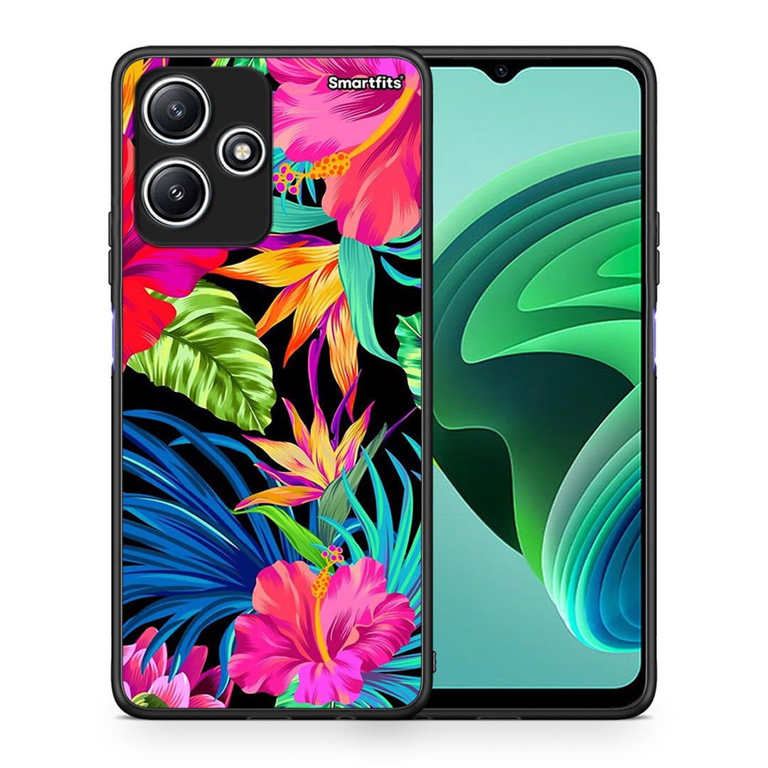 Θήκη Xiaomi Redmi 12 5G Tropical Flowers από τη Smartfits με σχέδιο στο πίσω μέρος και μαύρο περίβλημα | Xiaomi Redmi 12 5G Tropical Flowers case with colorful back and black bezels