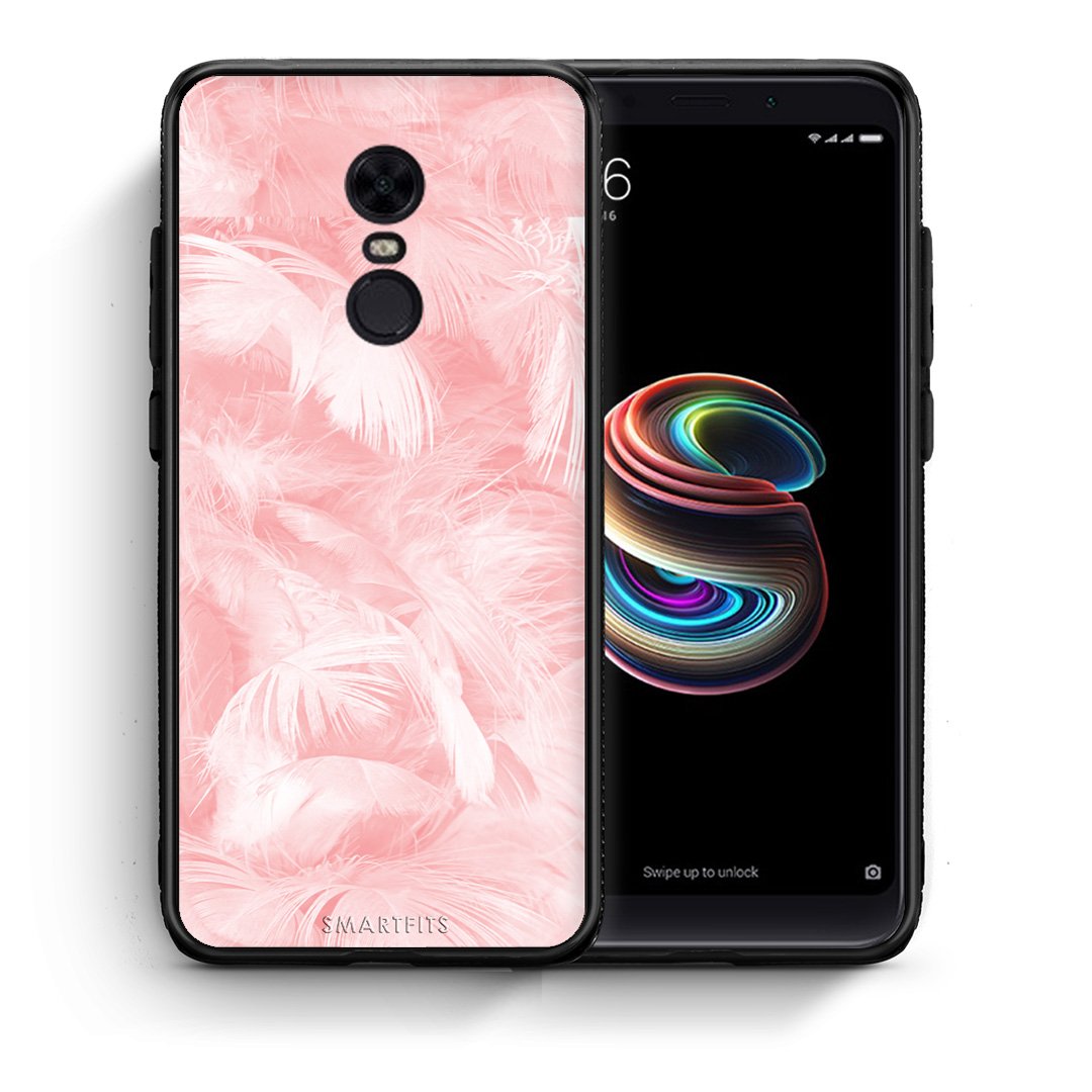 Θήκη Xiaomi Redmi 5 Plus Pink Feather Boho από τη Smartfits με σχέδιο στο πίσω μέρος και μαύρο περίβλημα | Xiaomi Redmi 5 Plus Pink Feather Boho case with colorful back and black bezels