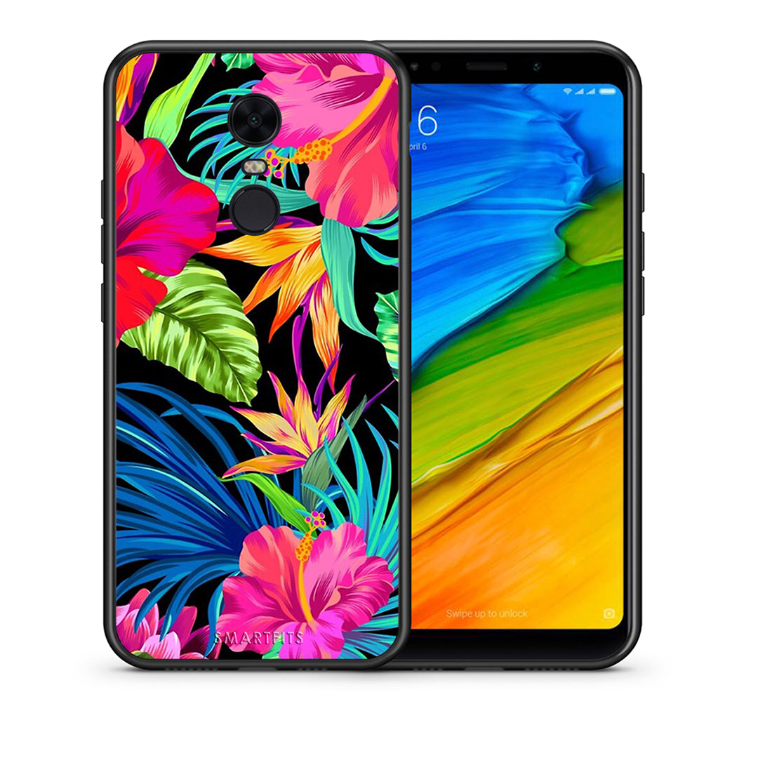 Θήκη Xiaomi Redmi 5 Plus Tropical Flowers από τη Smartfits με σχέδιο στο πίσω μέρος και μαύρο περίβλημα | Xiaomi Redmi 5 Plus Tropical Flowers case with colorful back and black bezels