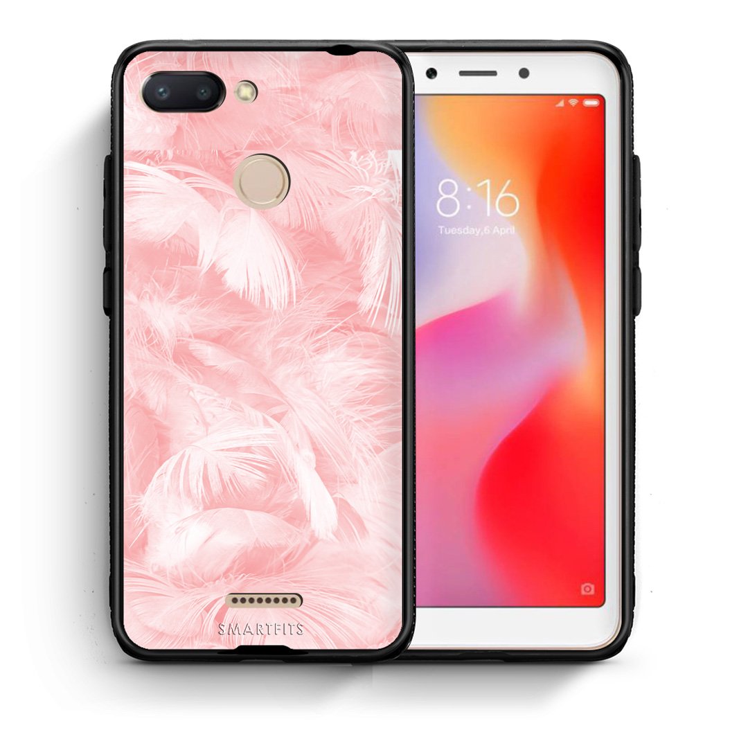 Θήκη Xiaomi Redmi 6 Pink Feather Boho από τη Smartfits με σχέδιο στο πίσω μέρος και μαύρο περίβλημα | Xiaomi Redmi 6 Pink Feather Boho case with colorful back and black bezels