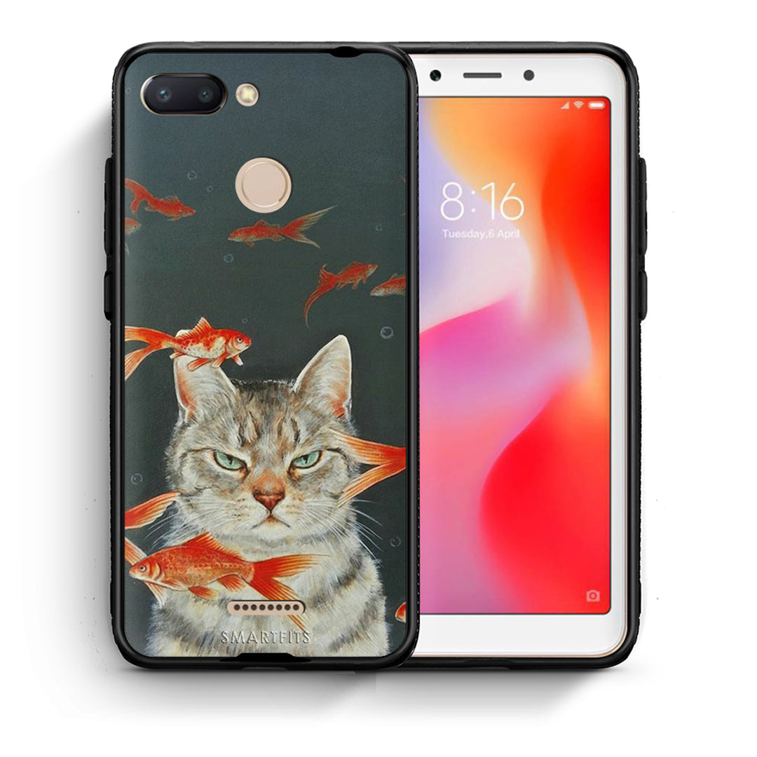 Θήκη Xiaomi Redmi 6 Cat Goldfish από τη Smartfits με σχέδιο στο πίσω μέρος και μαύρο περίβλημα | Xiaomi Redmi 6 Cat Goldfish case with colorful back and black bezels