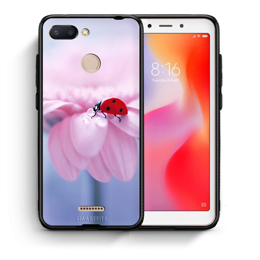 Θήκη Xiaomi Redmi 6 Ladybug Flower από τη Smartfits με σχέδιο στο πίσω μέρος και μαύρο περίβλημα | Xiaomi Redmi 6 Ladybug Flower case with colorful back and black bezels