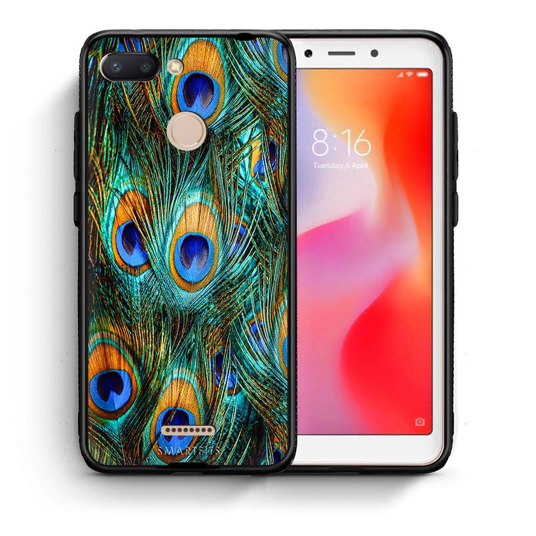 Θήκη Xiaomi Redmi 6 Real Peacock Feathers από τη Smartfits με σχέδιο στο πίσω μέρος και μαύρο περίβλημα | Xiaomi Redmi 6 Real Peacock Feathers case with colorful back and black bezels