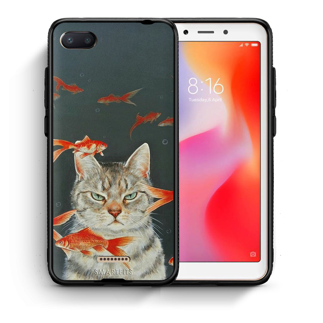 Θήκη Xiaomi Redmi 6A Cat Goldfish από τη Smartfits με σχέδιο στο πίσω μέρος και μαύρο περίβλημα | Xiaomi Redmi 6A Cat Goldfish case with colorful back and black bezels