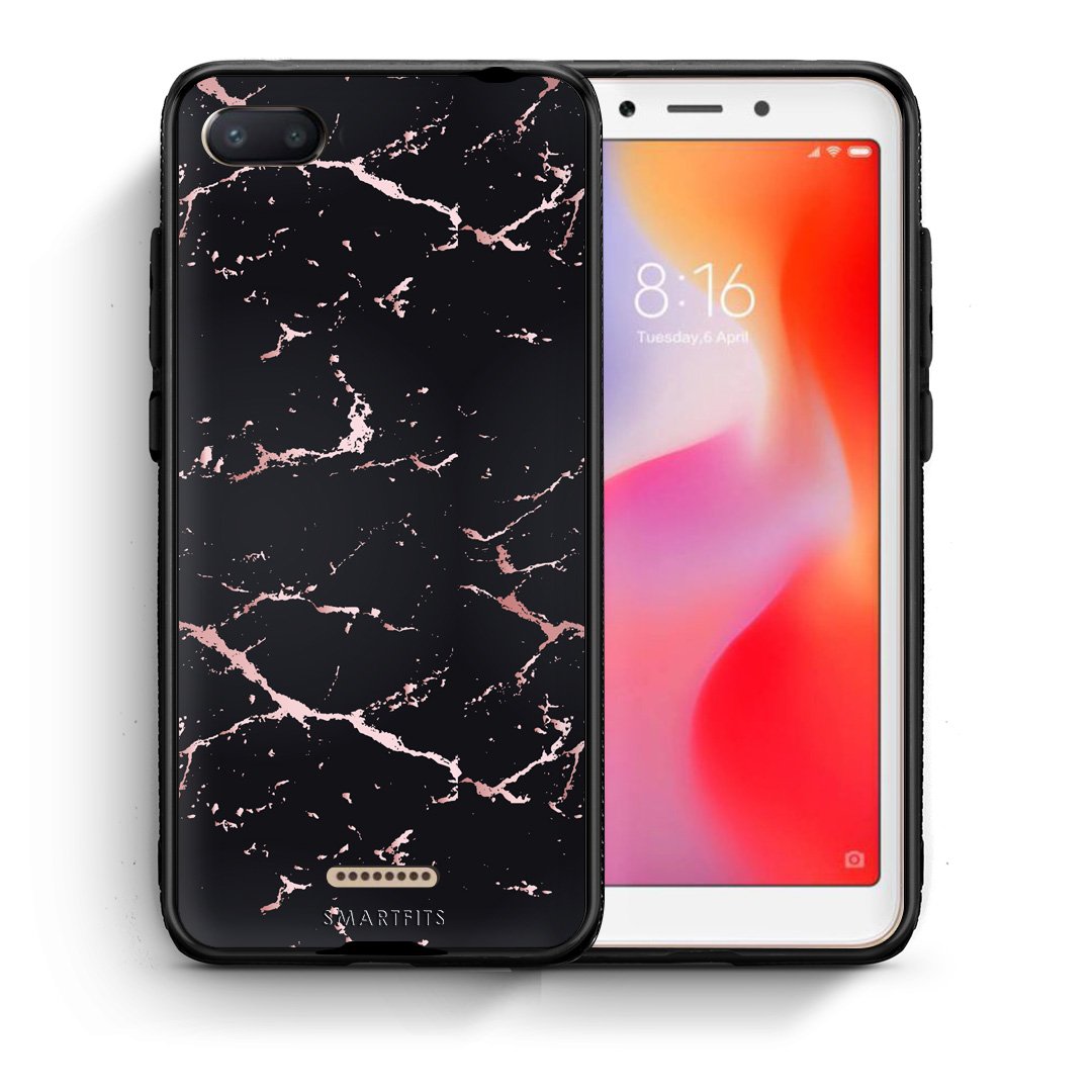 Θήκη Xiaomi Redmi 6A Black Rosegold Marble από τη Smartfits με σχέδιο στο πίσω μέρος και μαύρο περίβλημα | Xiaomi Redmi 6A Black Rosegold Marble case with colorful back and black bezels