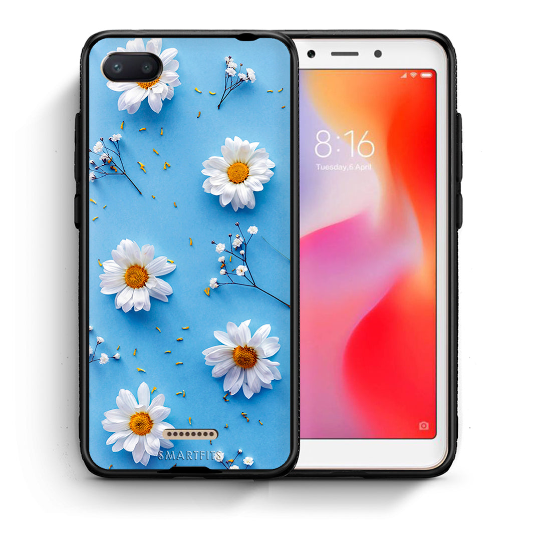 Θήκη Xiaomi Redmi 6A Real Daisies από τη Smartfits με σχέδιο στο πίσω μέρος και μαύρο περίβλημα | Xiaomi Redmi 6A Real Daisies case with colorful back and black bezels