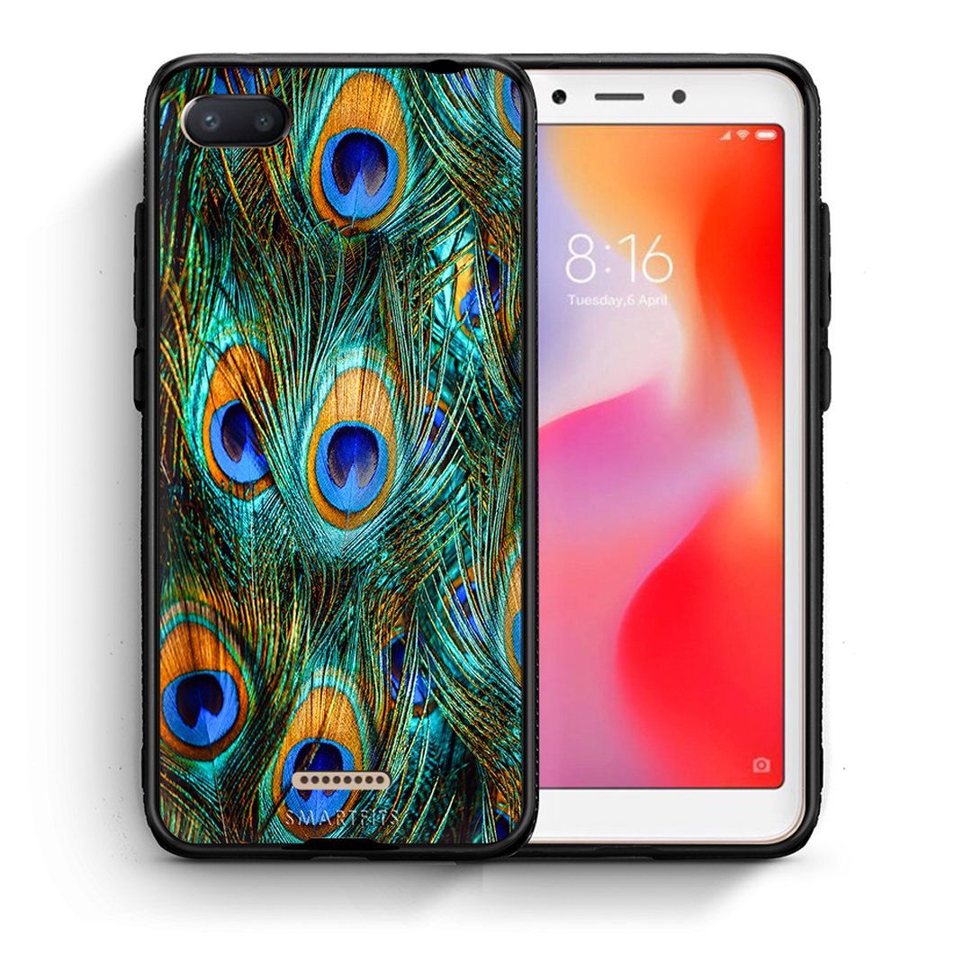 Θήκη Xiaomi Redmi 6A Real Peacock Feathers από τη Smartfits με σχέδιο στο πίσω μέρος και μαύρο περίβλημα | Xiaomi Redmi 6A Real Peacock Feathers case with colorful back and black bezels