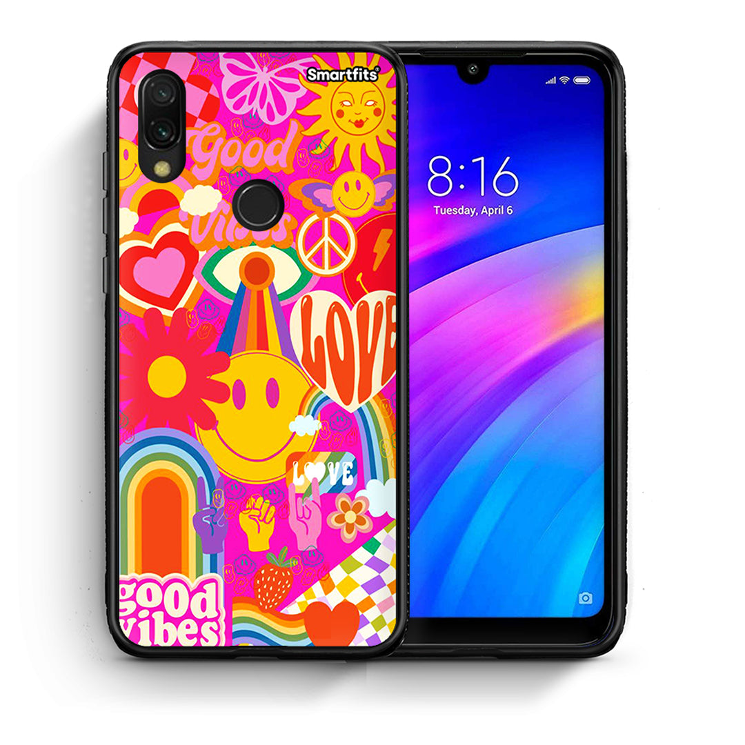 Θήκη Xiaomi Redmi 7 Hippie Love από τη Smartfits με σχέδιο στο πίσω μέρος και μαύρο περίβλημα | Xiaomi Redmi 7 Hippie Love case with colorful back and black bezels