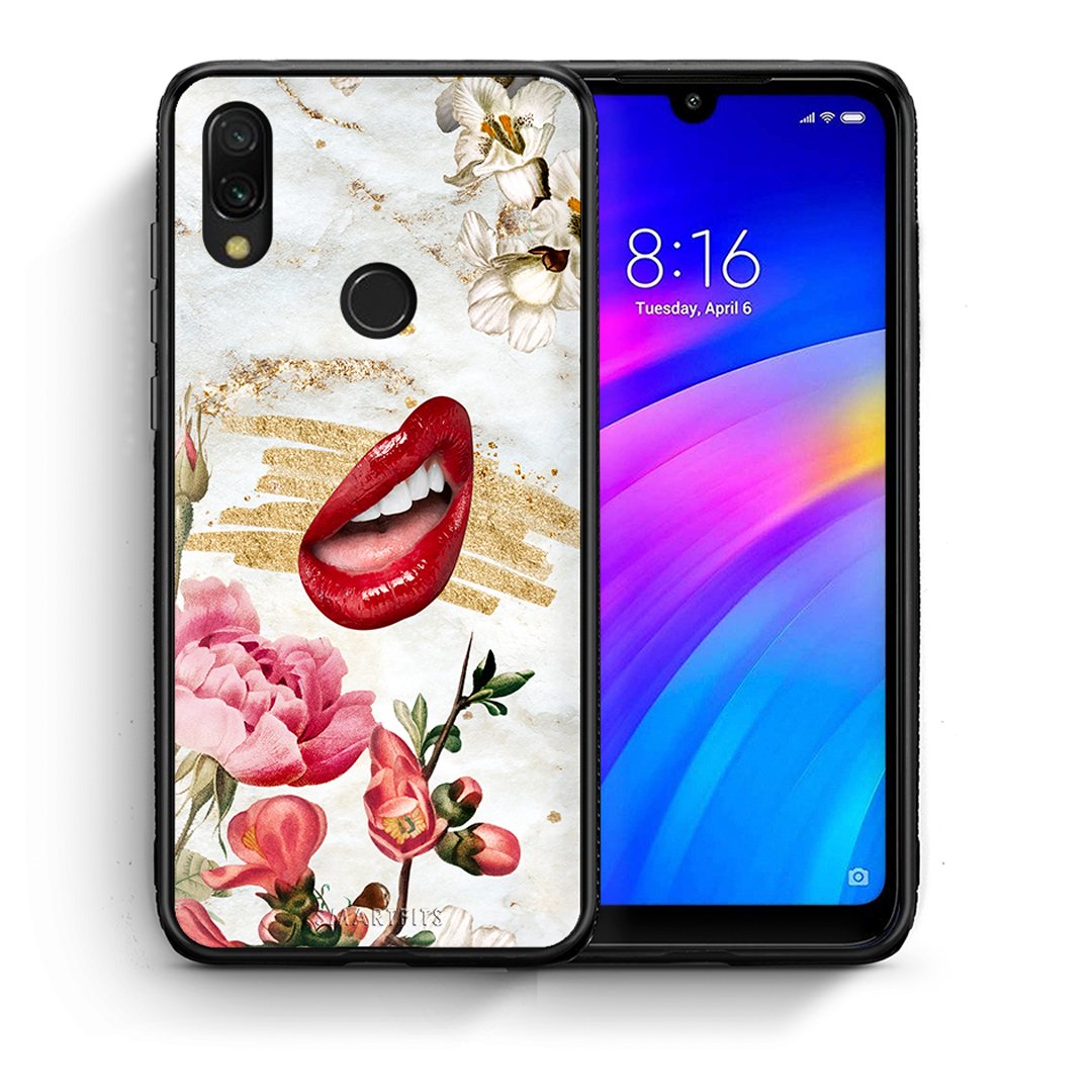 Θήκη Xiaomi Redmi 7 Red Lips από τη Smartfits με σχέδιο στο πίσω μέρος και μαύρο περίβλημα | Xiaomi Redmi 7 Red Lips case with colorful back and black bezels