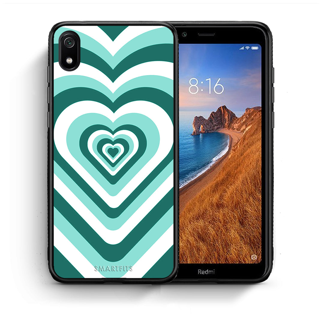 Θήκη Xiaomi Redmi 7A Green Hearts από τη Smartfits με σχέδιο στο πίσω μέρος και μαύρο περίβλημα | Xiaomi Redmi 7A Green Hearts case with colorful back and black bezels