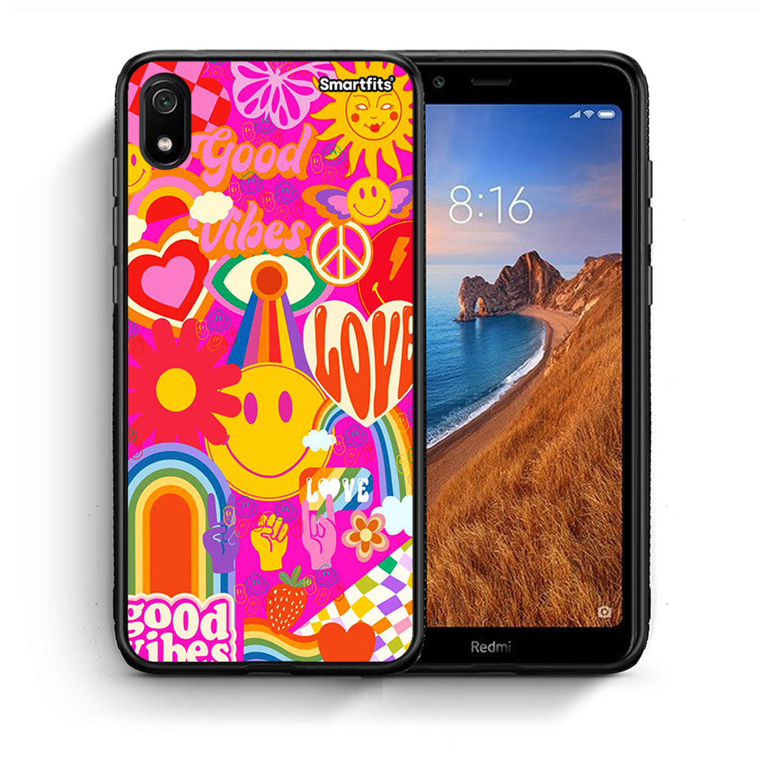Θήκη Xiaomi Redmi 7A Hippie Love από τη Smartfits με σχέδιο στο πίσω μέρος και μαύρο περίβλημα | Xiaomi Redmi 7A Hippie Love case with colorful back and black bezels