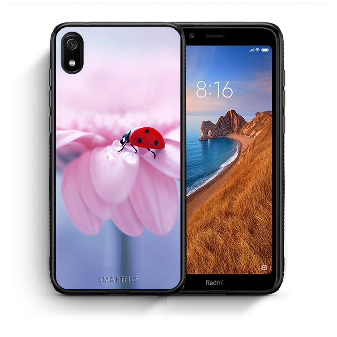 Θήκη Xiaomi Redmi 7A Ladybug Flower από τη Smartfits με σχέδιο στο πίσω μέρος και μαύρο περίβλημα | Xiaomi Redmi 7A Ladybug Flower case with colorful back and black bezels