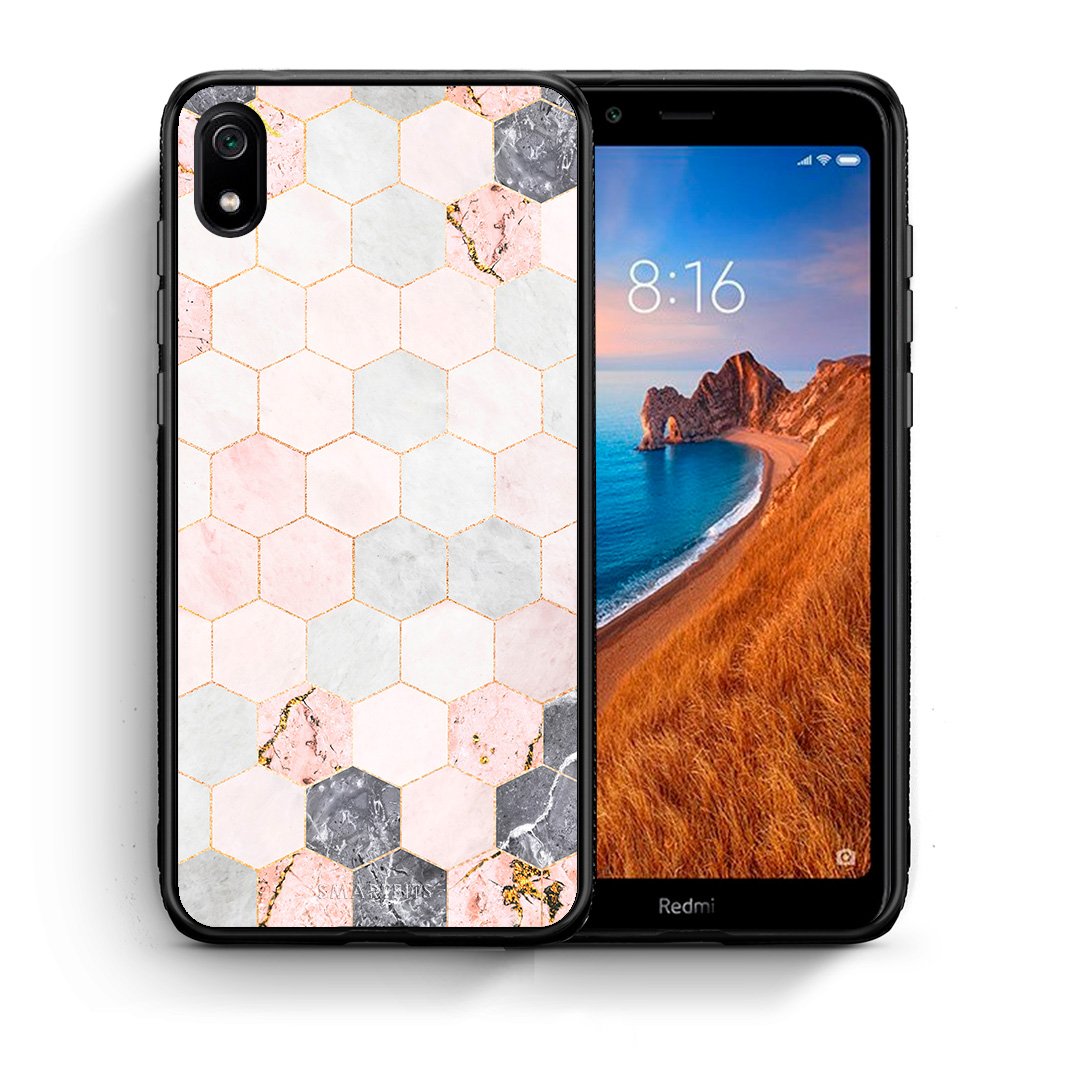 Θήκη Xiaomi Redmi 7A Hexagon Pink Marble από τη Smartfits με σχέδιο στο πίσω μέρος και μαύρο περίβλημα | Xiaomi Redmi 7A Hexagon Pink Marble case with colorful back and black bezels