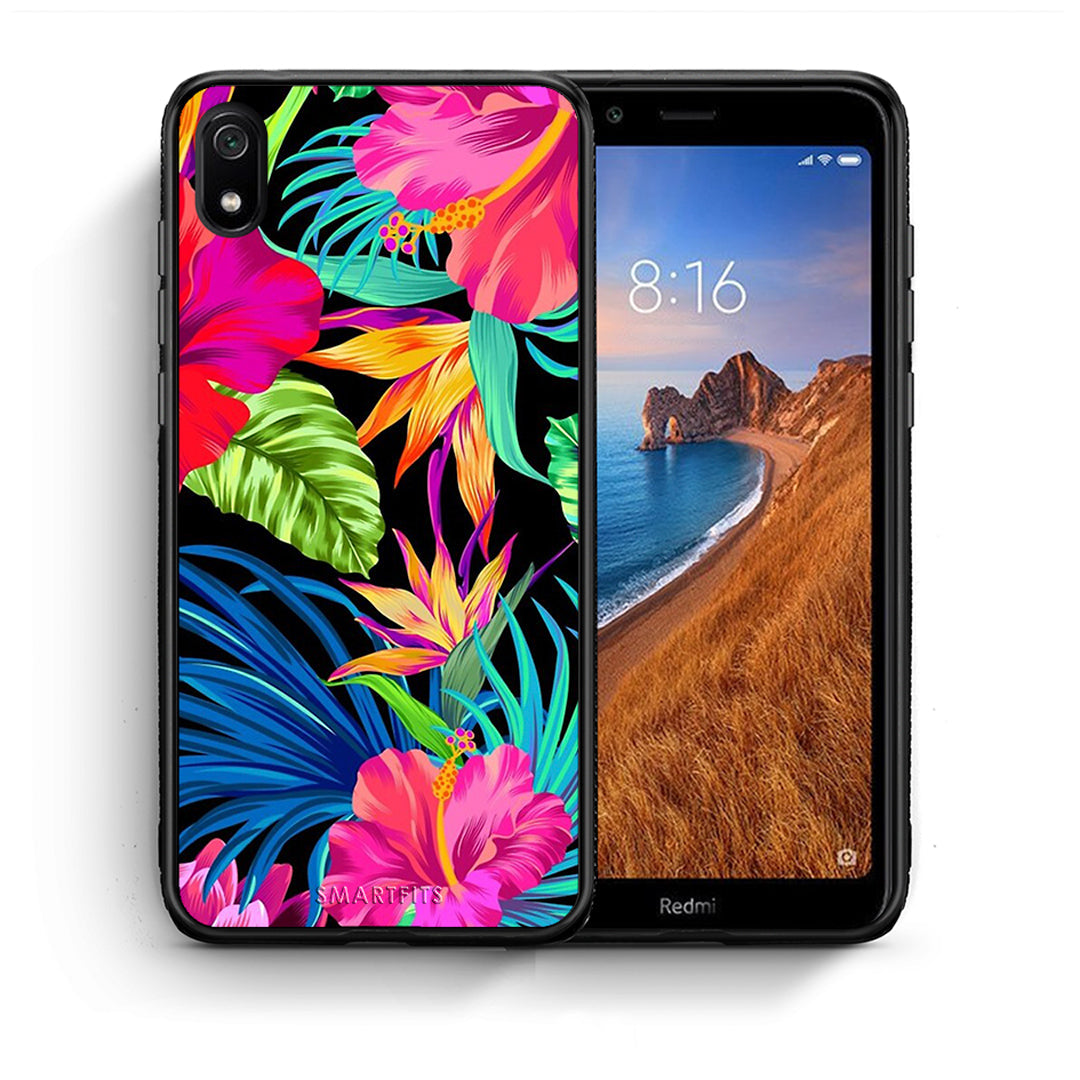 Θήκη Xiaomi Redmi 7A Tropical Flowers από τη Smartfits με σχέδιο στο πίσω μέρος και μαύρο περίβλημα | Xiaomi Redmi 7A Tropical Flowers case with colorful back and black bezels
