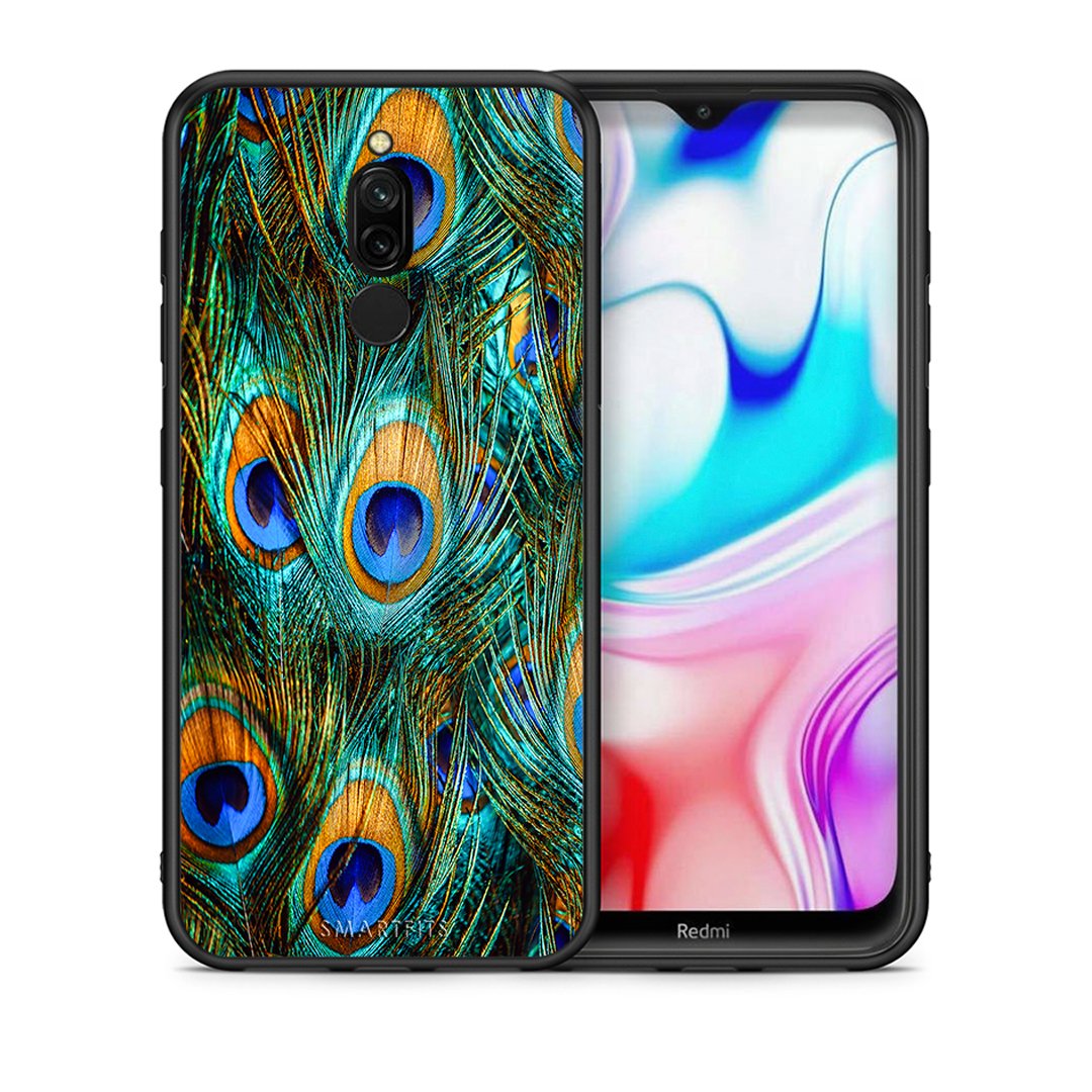 Θήκη Xiaomi Redmi 8 Real Peacock Feathers από τη Smartfits με σχέδιο στο πίσω μέρος και μαύρο περίβλημα | Xiaomi Redmi 8 Real Peacock Feathers case with colorful back and black bezels