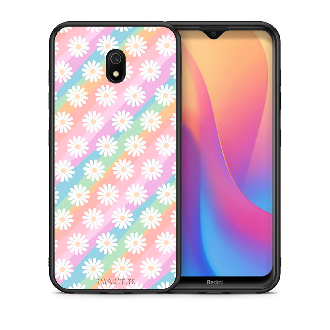 Θήκη Xiaomi Redmi 8A White Daisies από τη Smartfits με σχέδιο στο πίσω μέρος και μαύρο περίβλημα | Xiaomi Redmi 8A White Daisies case with colorful back and black bezels