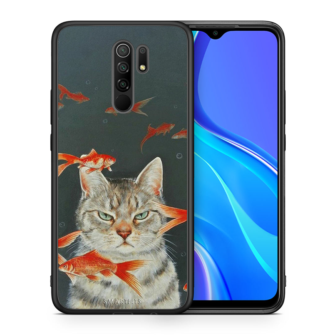 Θήκη Xiaomi Redmi 9/9 Prime Cat Goldfish από τη Smartfits με σχέδιο στο πίσω μέρος και μαύρο περίβλημα | Xiaomi Redmi 9/9 Prime Cat Goldfish case with colorful back and black bezels
