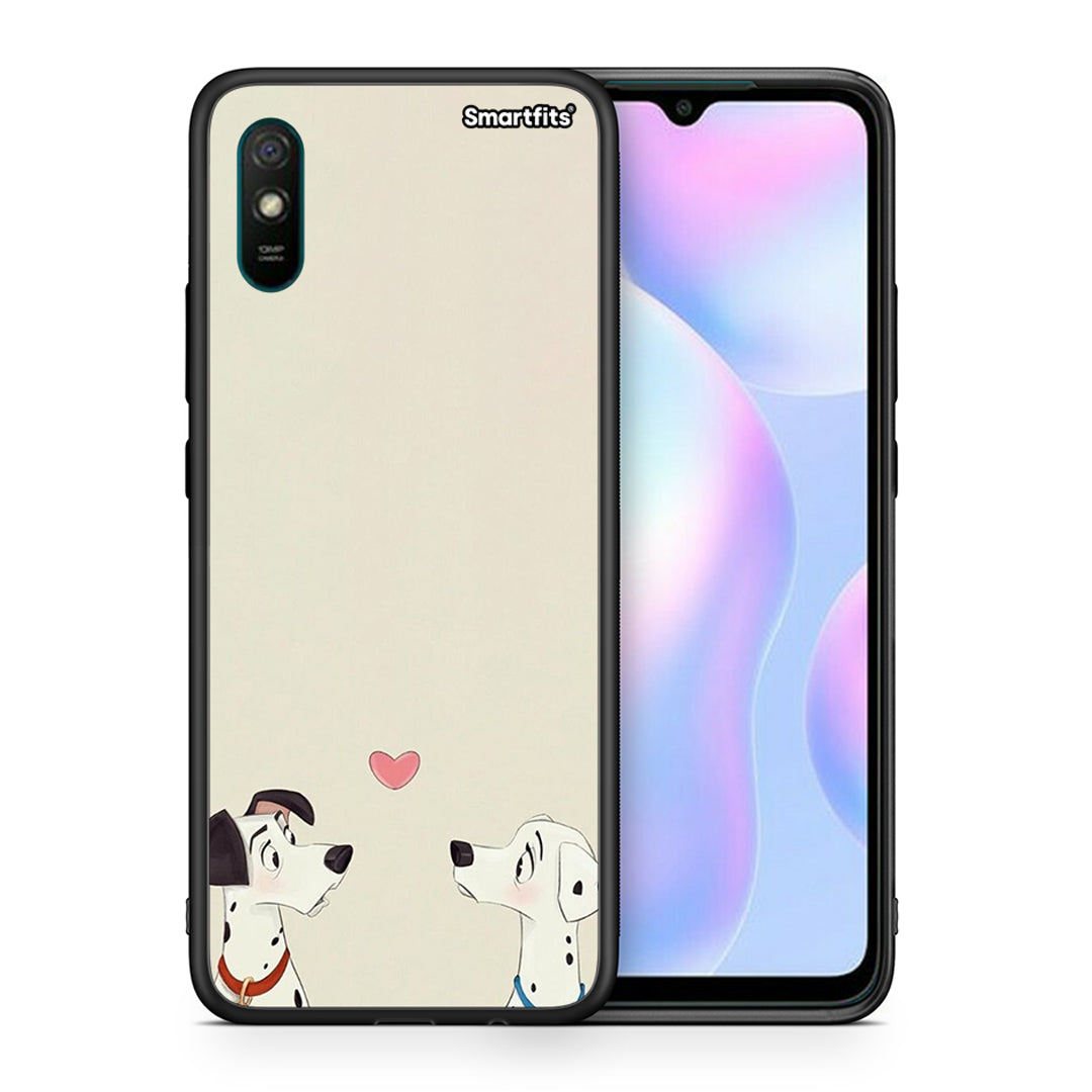 Θήκη Xiaomi Redmi 9A Dalmatians Love από τη Smartfits με σχέδιο στο πίσω μέρος και μαύρο περίβλημα | Xiaomi Redmi 9A Dalmatians Love case with colorful back and black bezels