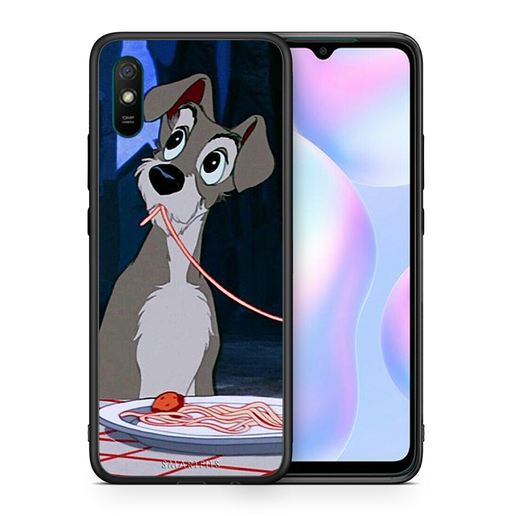 Θήκη Αγίου Βαλεντίνου Xiaomi Redmi 9A Lady And Tramp 1 από τη Smartfits με σχέδιο στο πίσω μέρος και μαύρο περίβλημα | Xiaomi Redmi 9A Lady And Tramp 1 case with colorful back and black bezels