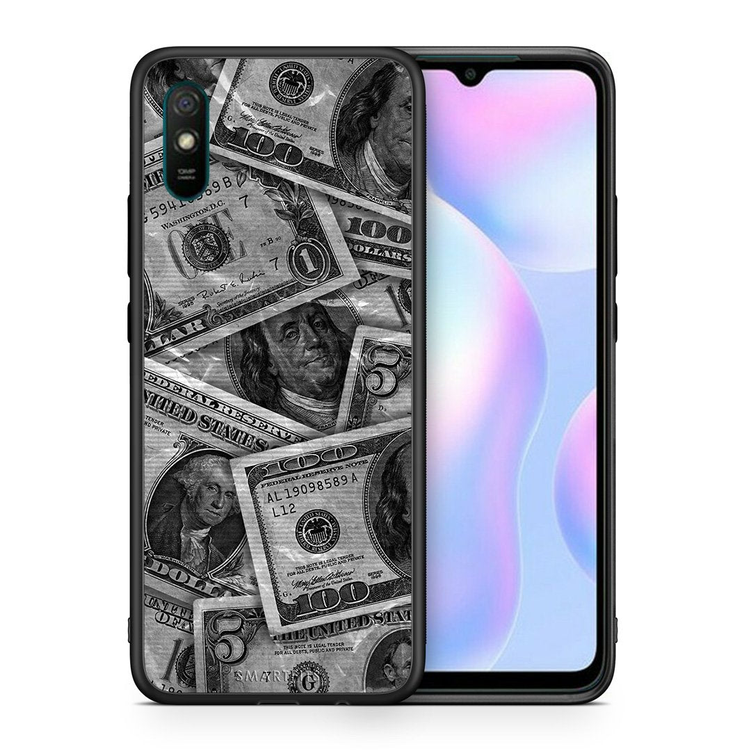 Θήκη Xiaomi Redmi 9A Money Dollars από τη Smartfits με σχέδιο στο πίσω μέρος και μαύρο περίβλημα | Xiaomi Redmi 9A Money Dollars case with colorful back and black bezels