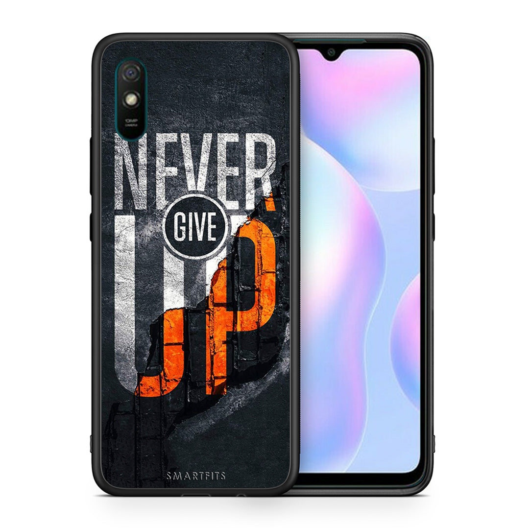 Θήκη Αγίου Βαλεντίνου Xiaomi Redmi 9A Never Give Up από τη Smartfits με σχέδιο στο πίσω μέρος και μαύρο περίβλημα | Xiaomi Redmi 9A Never Give Up case with colorful back and black bezels