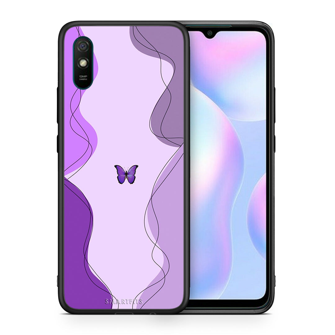 Θήκη Αγίου Βαλεντίνου Xiaomi Redmi 9A Purple Mariposa από τη Smartfits με σχέδιο στο πίσω μέρος και μαύρο περίβλημα | Xiaomi Redmi 9A Purple Mariposa case with colorful back and black bezels