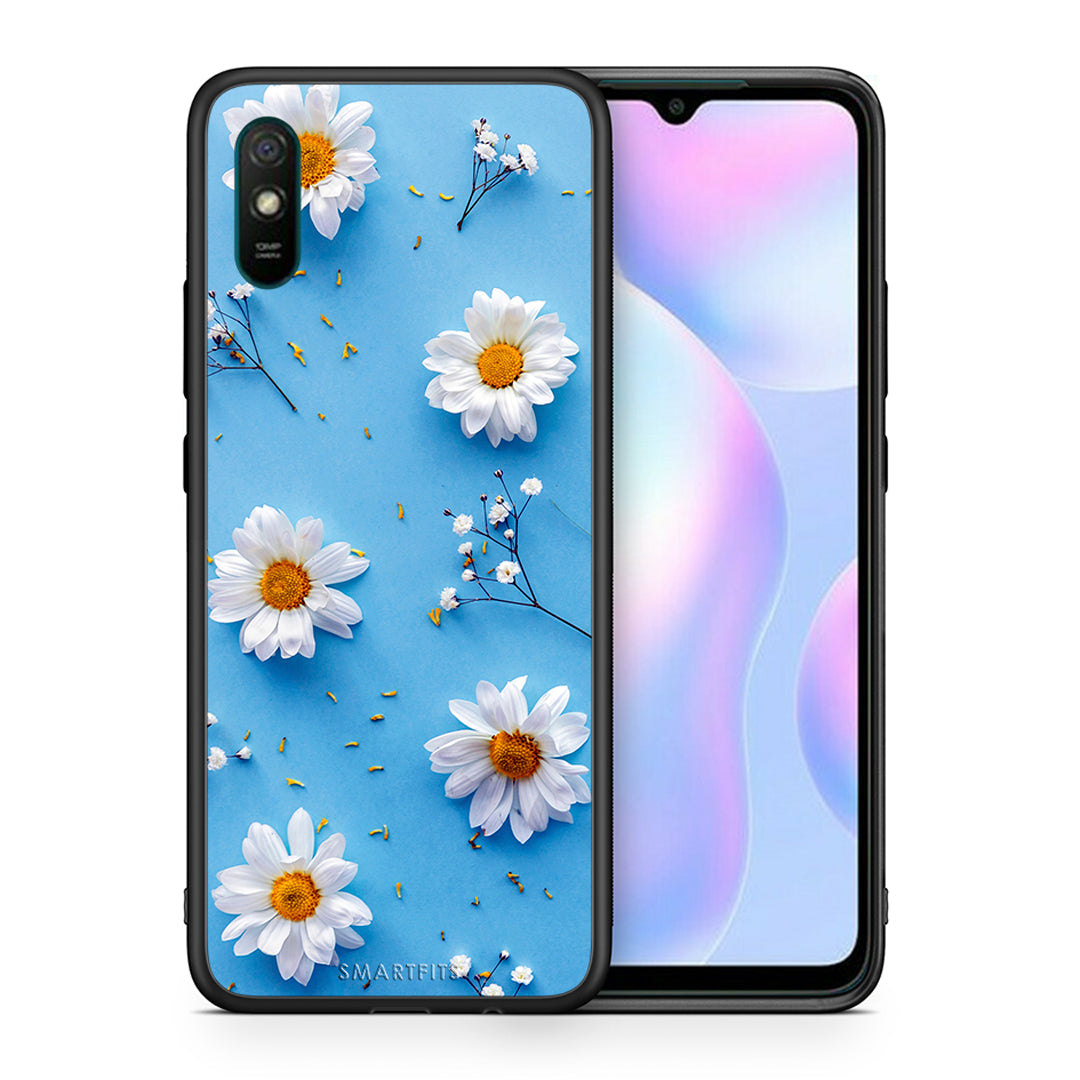 Θήκη Xiaomi Redmi 9A Real Daisies από τη Smartfits με σχέδιο στο πίσω μέρος και μαύρο περίβλημα | Xiaomi Redmi 9A Real Daisies case with colorful back and black bezels