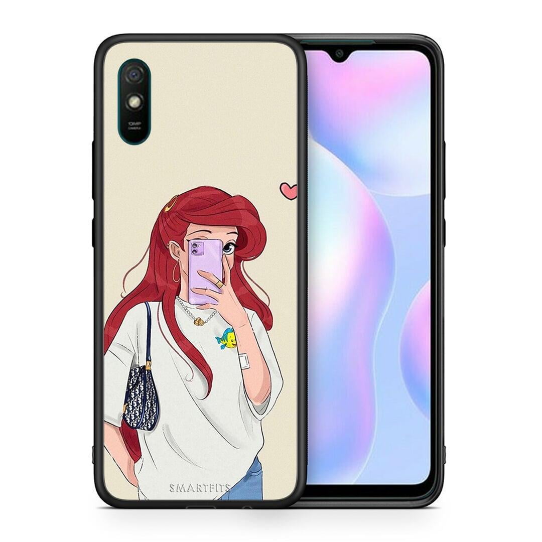 Θήκη Xiaomi Redmi 9A Walking Mermaid από τη Smartfits με σχέδιο στο πίσω μέρος και μαύρο περίβλημα | Xiaomi Redmi 9A Walking Mermaid case with colorful back and black bezels