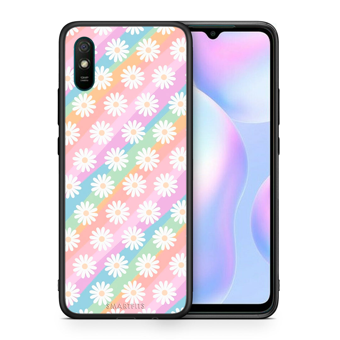 Θήκη Xiaomi Redmi 9A White Daisies από τη Smartfits με σχέδιο στο πίσω μέρος και μαύρο περίβλημα | Xiaomi Redmi 9A White Daisies case with colorful back and black bezels