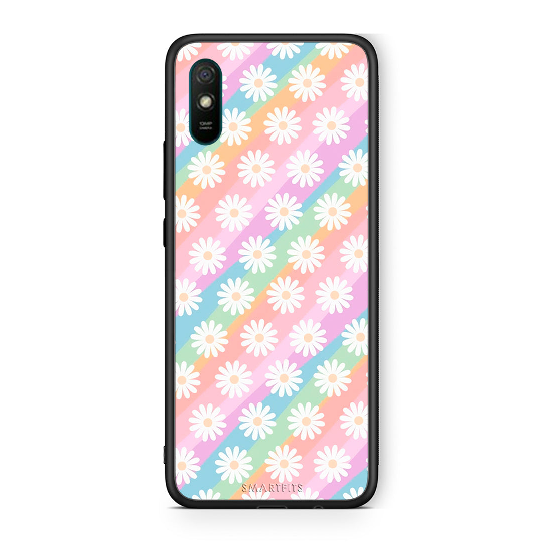 Xiaomi Redmi 9A White Daisies θήκη από τη Smartfits με σχέδιο στο πίσω μέρος και μαύρο περίβλημα | Smartphone case with colorful back and black bezels by Smartfits