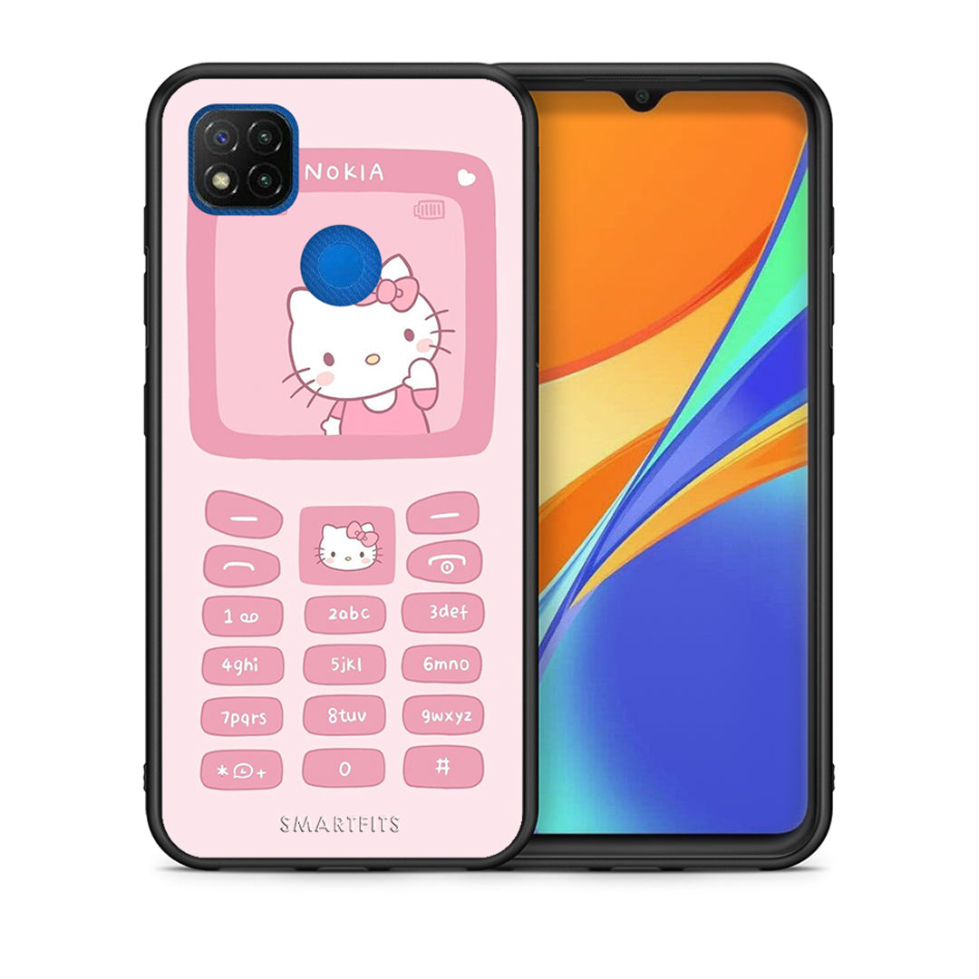 Θήκη Αγίου Βαλεντίνου Xiaomi Redmi 9C Hello Kitten από τη Smartfits με σχέδιο στο πίσω μέρος και μαύρο περίβλημα | Xiaomi Redmi 9C Hello Kitten case with colorful back and black bezels